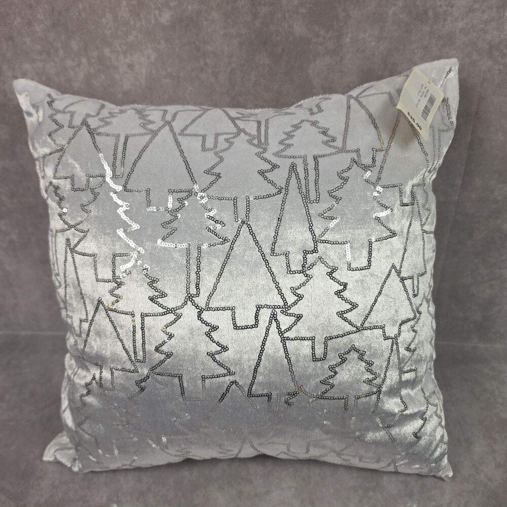 Holiday Lane Christmas Decorative Pillow White Silver Sparkle Sequin Trees